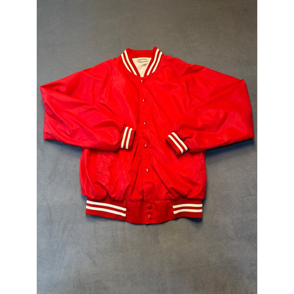 Vintage Hartwell Jacket Mens LG Red Satin Snap Bomber Made USA Varsity 80s Lined